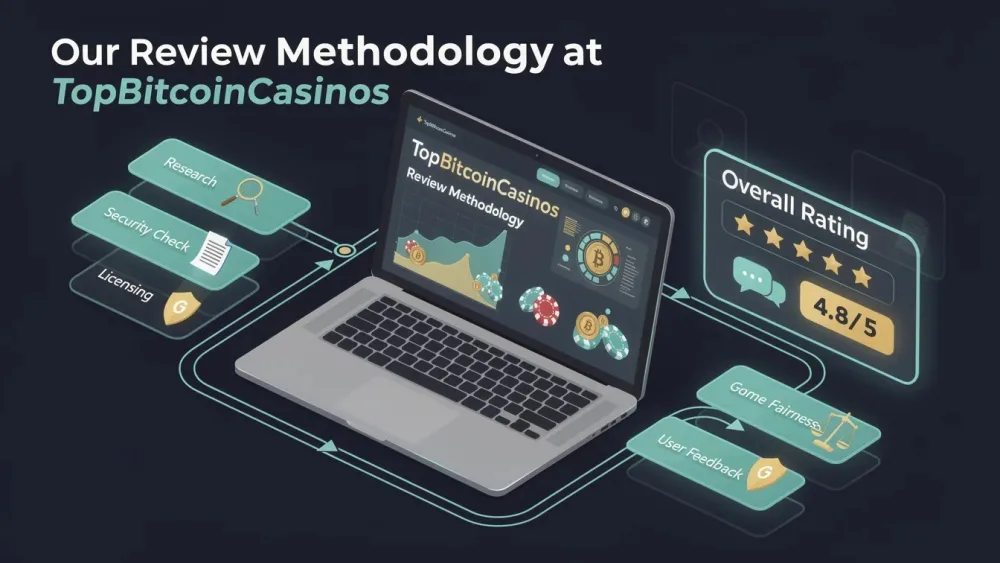 The illustration shows a laptop with some of TopBitcoinCasino's criteria to evaluate a crypto casino.